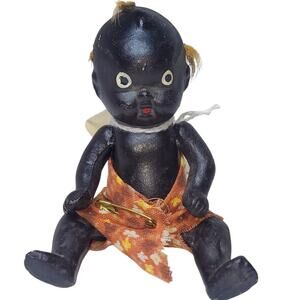 1930's Vintage Bisque, Mohair Sprouts Cute Little Black Baby W/Jointed Arms Legs